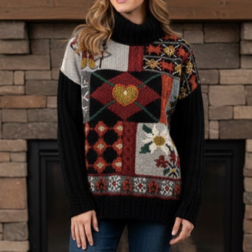 VTG MODA INTL‎ WOOL TURTLE NECK  PATCHWORK WINTER SKI CHUNKY KNIT WOMENS SWEATER